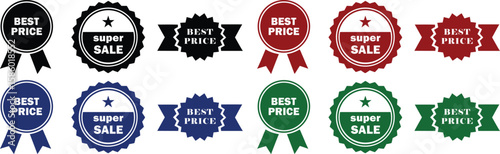 Assorted sale badges featuring best price and super sale offers in various colors.