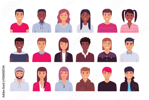 Diverse Cartoon Avatar Set: A collection of diverse cartoon avatars representing various ethnicities and hairstyles, set against a . Ideal for illustrating diversity in online spaces.