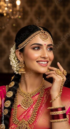 A beautiful indian bride adorned with traditional gold jewelry smiles
