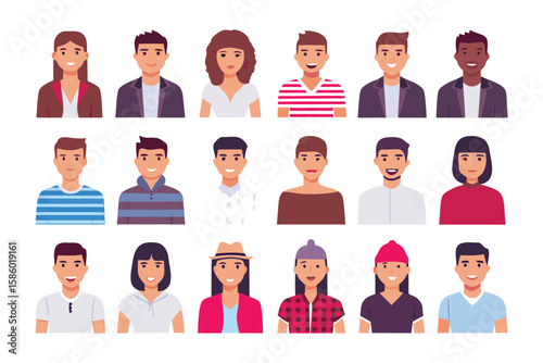 Diverse Avatar Collection: A vibrant set of avatars showcasing the rich tapestry of people, each meticulously crafted in a flat design style.