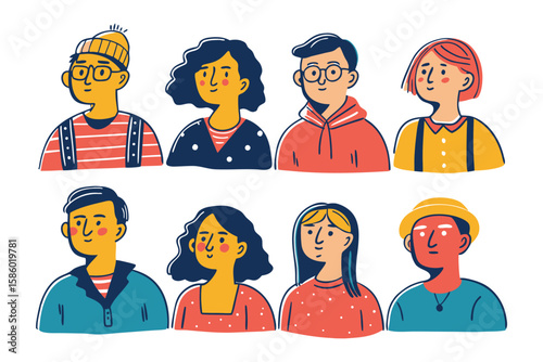Diverse Cartoon Characters: A set of unique cartoon people in different styles and expressions, rendered in a vibrant palette on white for a clean, modern aesthetic.