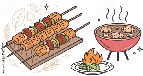 Set of Chicken Skewer vector design, Chicken Tikka logo and icon design, Chicken Tikka vector design