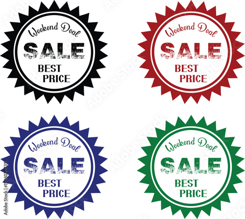 Weekend deal sale stickers feature best price in black, red, blue, and green colors.