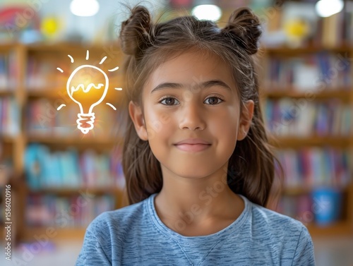A smiling young girl with her hair styled in two buns poses confidently in a library. A hand-drawn, glowing lightbulb is illustrated beside her, representing a new idea, creativity, and the joy of lea