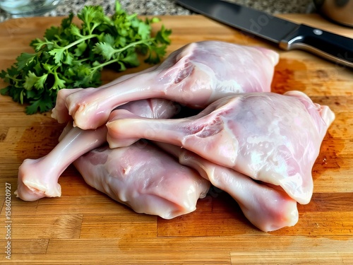 Raw chicken drumsticks with fresh herbs on a wooden cutting board