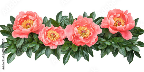 Coral peony blooms lush green foliage isolated on a transparent background