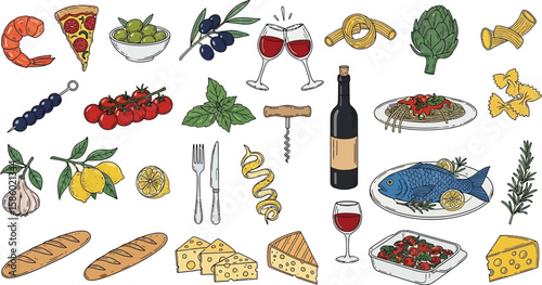 Italian food ingredients form an appetizing, delicious, gourmet collection.