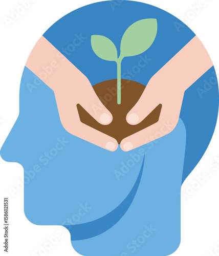Cartoon Human Head With Hands Holding Plant Illustration Representing Growth Knowledge Mental Development Education And Positive Thinking

