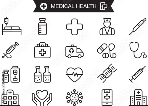 Medical icons set. Healthcare and medicine. Medical Insurance. Medical Health Line Icons Healthcare, Hospital, Medicine. Medical Line Icon Set contains Stethoscope, Ambulance and more