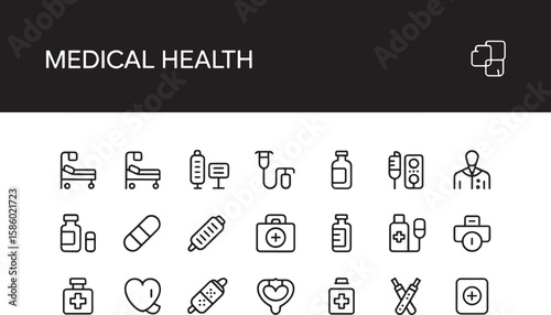 Medical Health Line Icons Healthcare, Hospital, Medicine. Medical Line Icon Set contains Stethoscope, Ambulance, Nurse, Doctor, Syringe, Serum, First Aid Kit and so on icons set