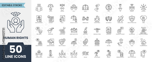 Human Rights line editable icon set. Containing freedom, democracy, equality of rights, tolerance, activism, justice, respect and more. Vector illustration