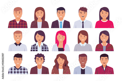 Diverse Avatar Set: A collection of diverse avatars representing various ethnicities, genders, and hairstyles.  Perfect for user profiles, websites, and applications needing diverse representation.
