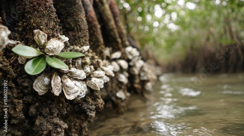 Mangrove roots with oysters and shallow water