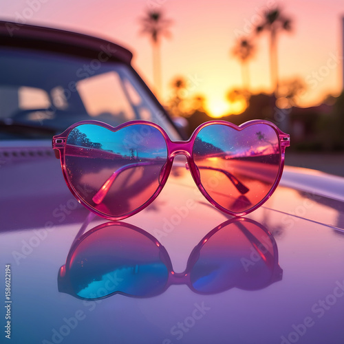 Heart shaped sunglasses reflecting sunset colors on car hood