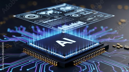 Digital rendering of AI chipset with dynamic electric pulses and holographic interface.