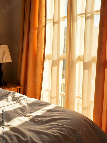 soft warm sunlight pours sheer beige curtains intricate orange fabric texture casting gentle shadows serene bedroom scene
