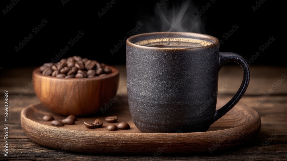 Fototapeta premium Steaming black coffee mug on rustic wooden surface