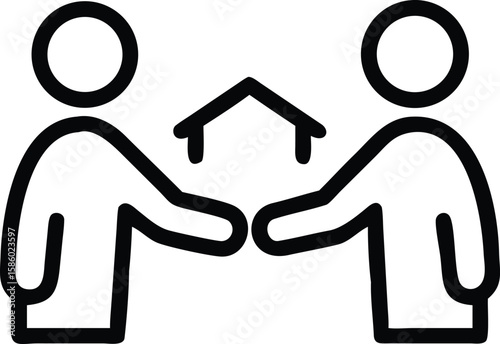 Simple Line Art Icon of Two People Shaking Hands Under a House
