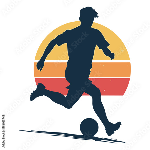 Vintage Sunset Soccer Player Kicking Ball Silhouette Vector Retro Football Art