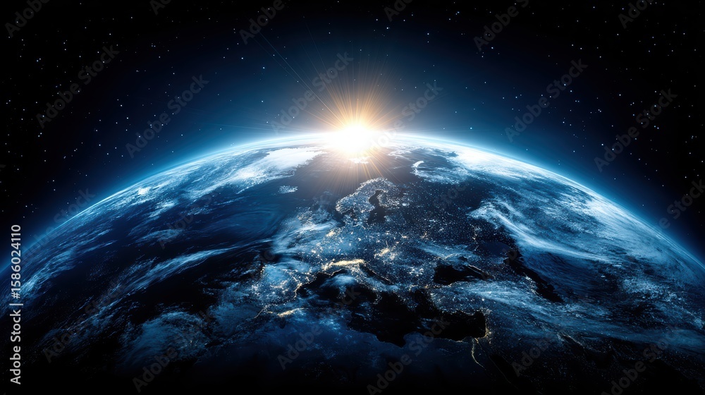 Fototapeta premium The sun rises over Earth, illuminating continents and city lights beneath a star-filled sky, viewed from space