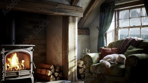 Cozy cottage cat naps by fire, stormy sea view