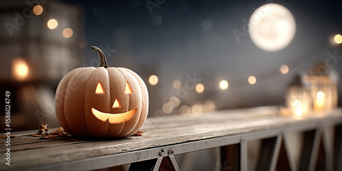 Carved pumpkin lantern with glowing face on wooden beam under full moon and blurred lights creating warm, festive Halloween night atmosphere