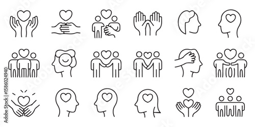 Collection of line art icons representing care compassion and human connection with hearts and hands