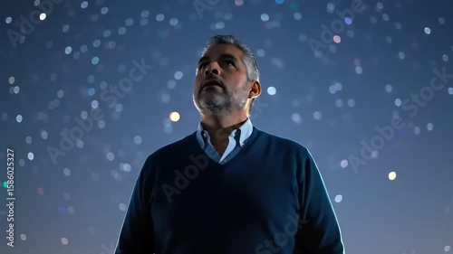 Man gazing at night sky, city lights blurred, contemplative mood, website banner