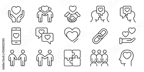 Collection of line art icons representing relationships love and connection heart friendship