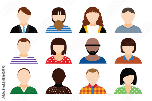 Diverse Avatars: A collection of twelve faceless avatar illustrations, representing different appearances and diverse backgrounds, perfect for profile pictures or user interface design.