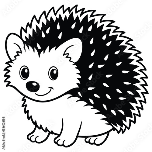 Black and white cute hedgehog cartoon on white background