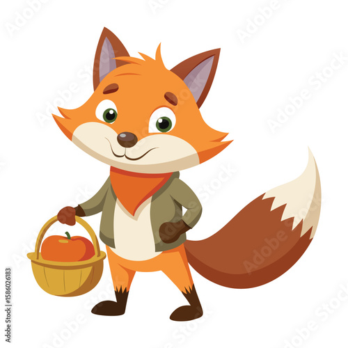 Fox with pumpkin in a basket on white background