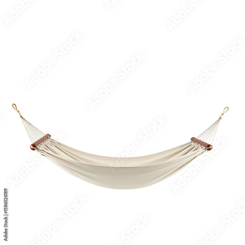 Comfortable beige fabric hammock with wooden spreader bars and rope suspension isolated on transparent background