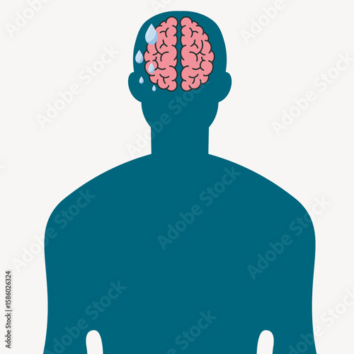 Anxiety disorders vector illustration showing common symptoms like restlessness, worry, fatigue; includes related conditions such as phobias, panic disorder, and OCD. silhouette, man ,brain
