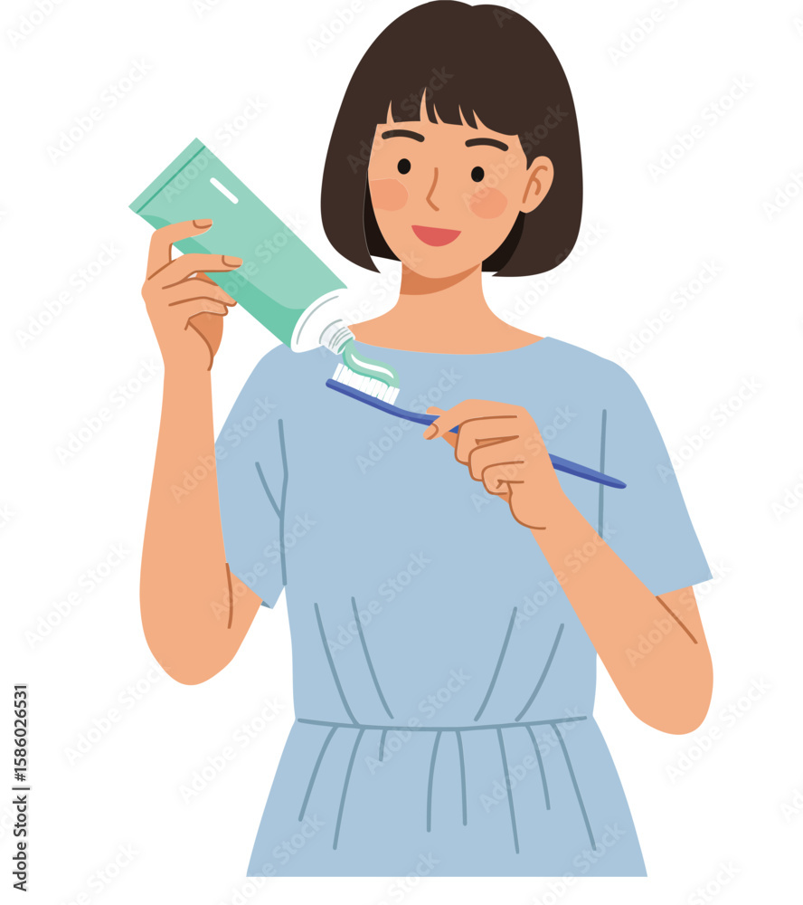 Woman applying toothpaste on toothbrush daily oral hygiene routine vector illustration Woman applying toothpaste on toothbrush daily oral hygiene routine vector illustration