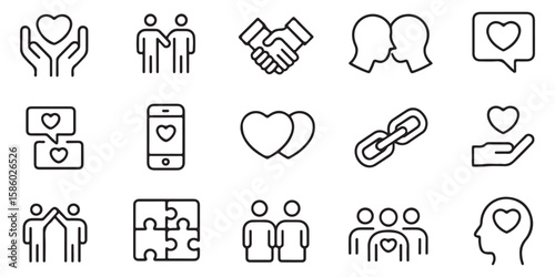 Collection of black outline icons representing human connection and care people