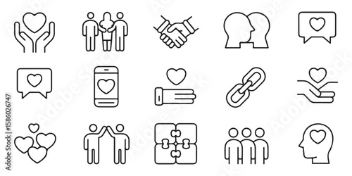 Collection of outline icons representing relationships and care heart hands