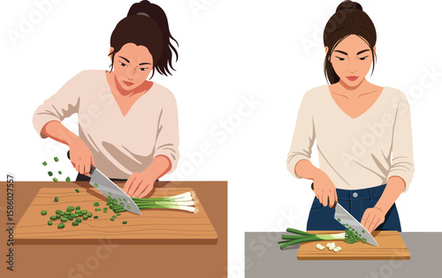 Woman chopping green onions on wooden cutting board with kitchen knife vector illustration