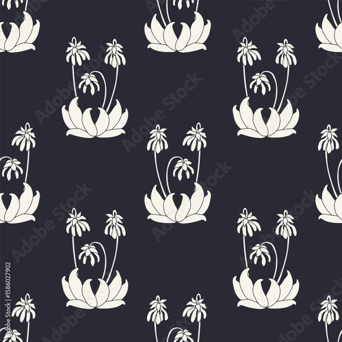 Seamless pattern with white silhouette canary islands flowers parrot beaks in vintage millefleur style on black background. Monochrome hand drawn classic floral wallpaper vector illustration