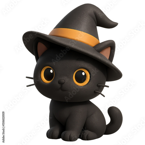 3D illustration of black cat with witch hat with transparent background