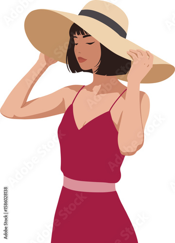 Woman in burgundy dress adjusting large straw hat summer style vector illustration