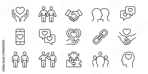 Collection of black outline icons representing human connection and care people 1