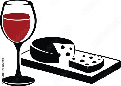 Elegant Red Wine Glass and Cheese on Cutting Board – Vector Illustration