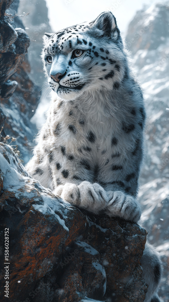 Obraz premium Nature scene featuring a snow leopard in wintry conditions wallpaper