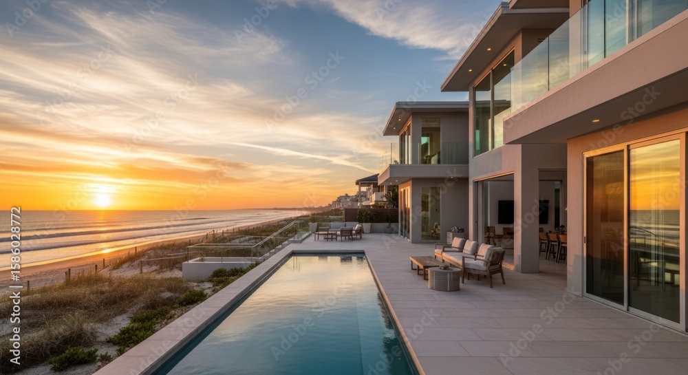 Obraz premium Old town architecture under a blue sky at sunset, with a tree-lined street leading to village homes