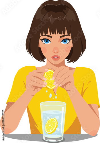 Woman squeezing lemon into glass of water with yellow shirt and blue eyes vector illustration