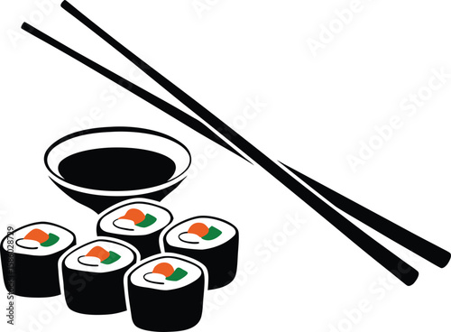 Vector Sushi Set with Soy Sauce and Chopsticks – Japanese Food Illustration
