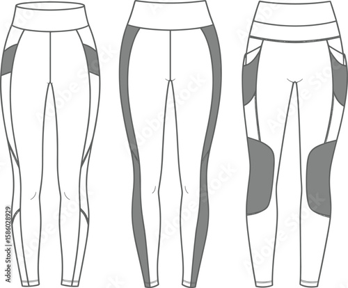 Technical Flat Sketch of Women's Athletic Leggings, Featuring Detailed Front, Back, and Side Views for Fashion Design and Activewear Apparel.