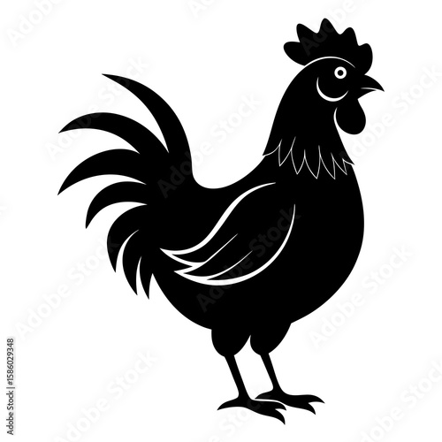 A clean, black vector art presents a striking silhouette of a chicken, perfect for farm animal themes or poultry related designs and creative projects.