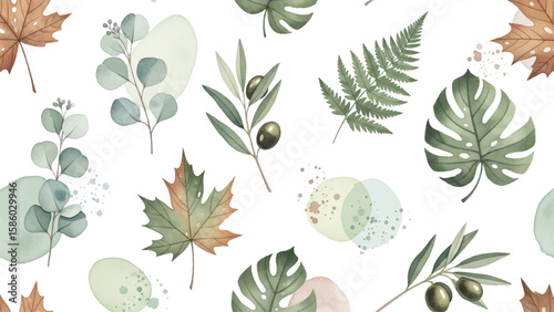 Watercolor Botanical Foliage Seamless Illustration